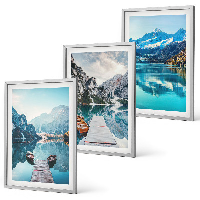 Three-piece wall art piece Mountain lakes boats reflection