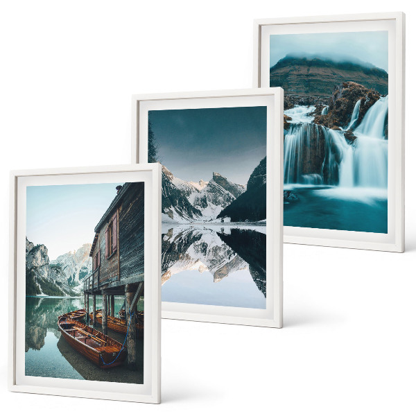 Set of 3 framed wall art pieces Mountain landscapes waterfall lake