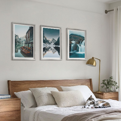 Set of 3 framed wall art pieces Mountain landscapes waterfall lake