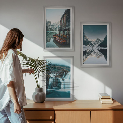 Set of 3 framed wall art pieces Mountain landscapes waterfall lake