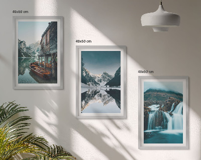 Set of 3 framed wall art pieces Mountain landscapes waterfall lake