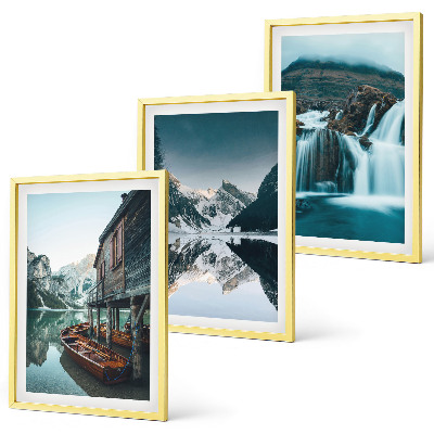Set of 3 framed wall art pieces Mountain landscapes waterfall lake
