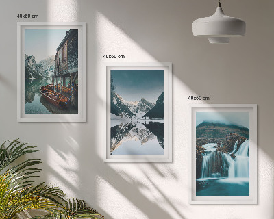 Set of 3 framed wall art pieces Mountain landscapes waterfall lake