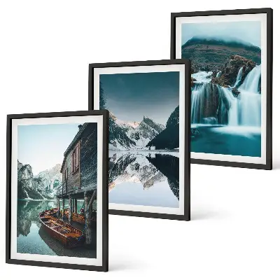Set of 3 framed wall art pieces featuring mountain landscapes with waterfalls and lakes