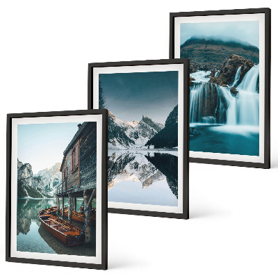 Set of 3 framed wall art pieces Mountain landscapes waterfall lake