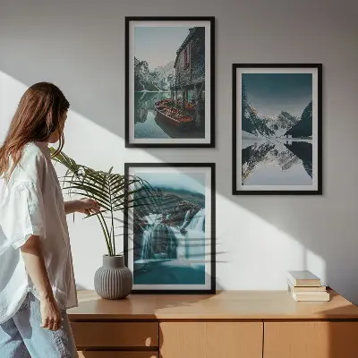 Set of 3 framed wall art pieces featuring mountain landscapes with waterfalls and lakes