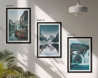 Set of 3 framed wall art pieces featuring mountain landscapes with waterfalls and lakes