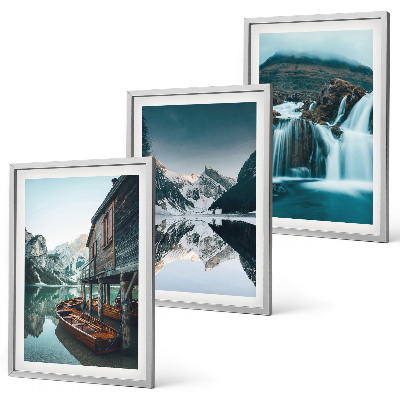 Set of 3 framed wall art pieces Mountain landscapes waterfall lake