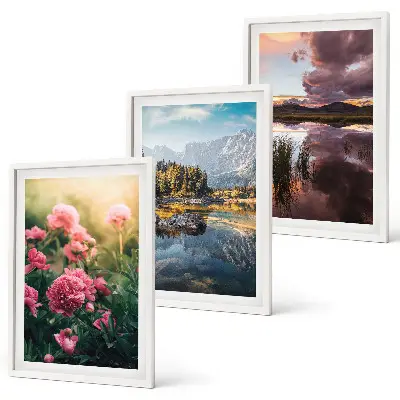 Wall art set featuring a floral garden with mountains and water