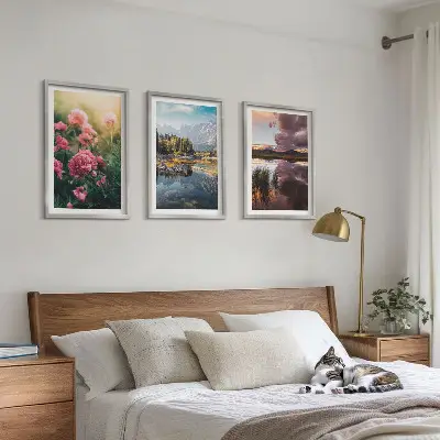 Wall art set featuring a floral garden with mountains and water