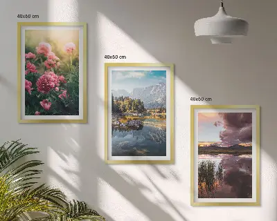 Wall art set featuring a floral garden with mountains and water