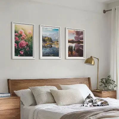 Wall art set featuring a floral garden with mountains and water