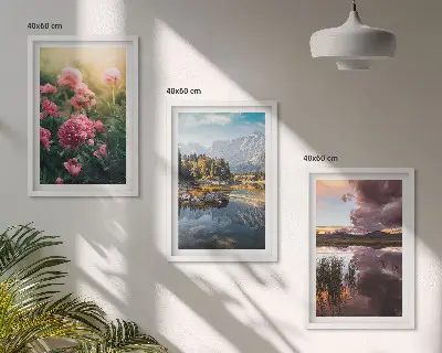 Wall art set featuring a floral garden with mountains and water