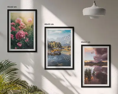 Wall art set featuring a floral garden with mountains and water