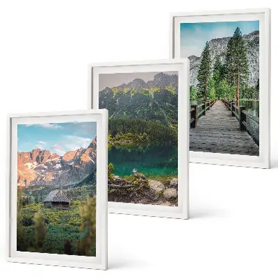 Three-piece mountain landscape wall art featuring a lake and bridge
