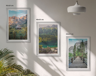 Three-piece wall art piece Mountain landscape lake bridge