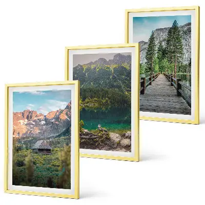 Three-piece mountain landscape wall art featuring a lake and bridge
