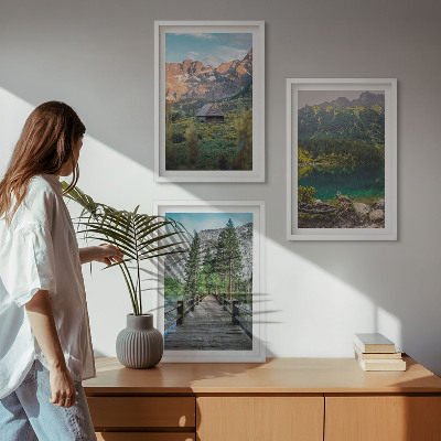 Three-piece wall art piece Mountain landscape lake bridge
