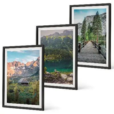 Three-piece mountain landscape wall art featuring a lake and bridge