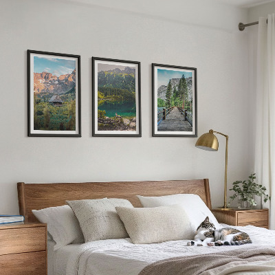 Three-piece wall art piece Mountain landscape lake bridge