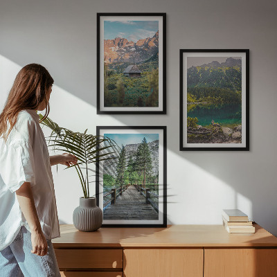 Three-piece wall art piece Mountain landscape lake bridge