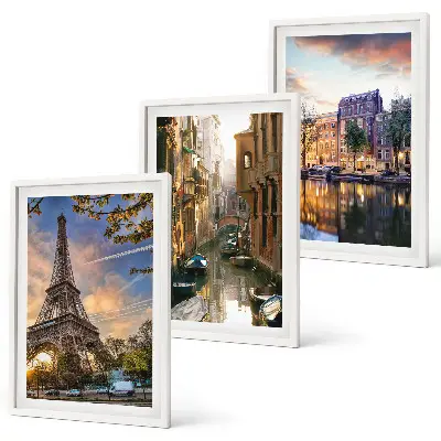 Wall art set featuring the Eiffel Tower, Venice, and Amsterdam canals
