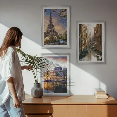 Wall art set featuring the Eiffel Tower, Venice, and Amsterdam canals