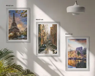 Wall art set featuring the Eiffel Tower, Venice, and Amsterdam canals
