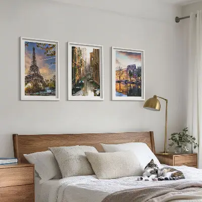 Wall art set featuring the Eiffel Tower, Venice, and Amsterdam canals