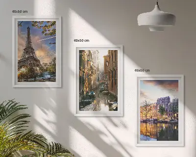 Wall art set featuring the Eiffel Tower, Venice, and Amsterdam canals