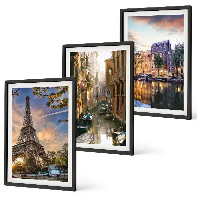 Wall art set featuring the Eiffel Tower, Venice, and Amsterdam canals