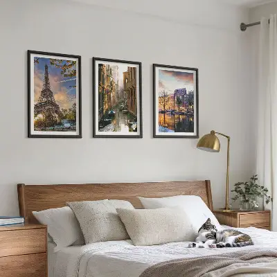 Wall art set featuring the Eiffel Tower, Venice, and Amsterdam canals