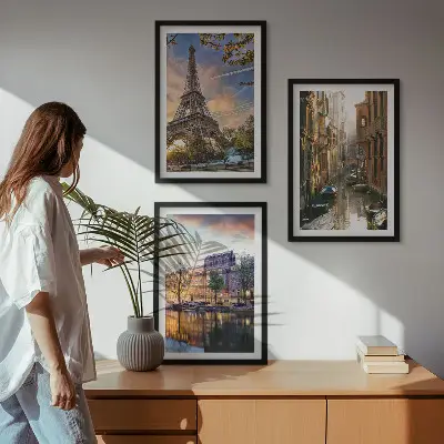 Wall art set featuring the Eiffel Tower, Venice, and Amsterdam canals