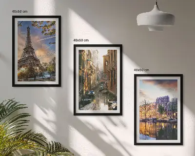 Wall art set featuring the Eiffel Tower, Venice, and Amsterdam canals
