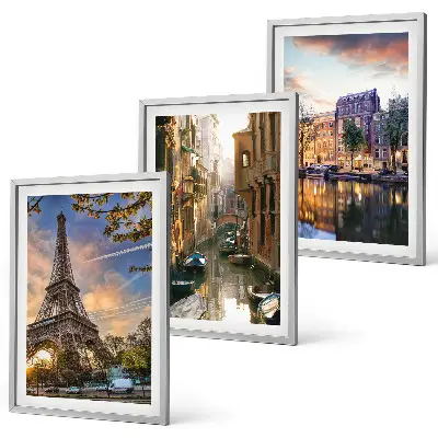 Wall art set featuring the Eiffel Tower, Venice, and Amsterdam canals