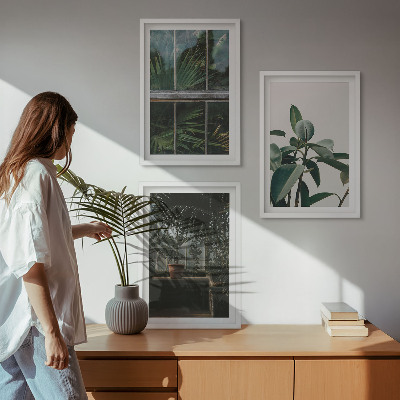 Three-piece wall art piece Green leaves on the window plant