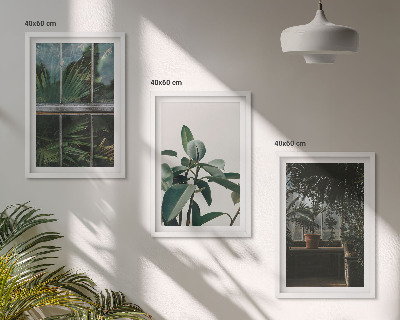 Three-piece wall art piece Green leaves on the window plant
