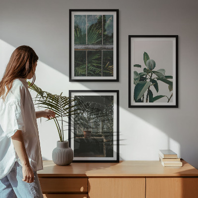 Three-piece wall art piece Green leaves on the window plant