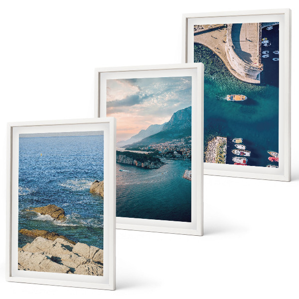 Set of 3 framed wall art pieces Sea views, cliffs, ports