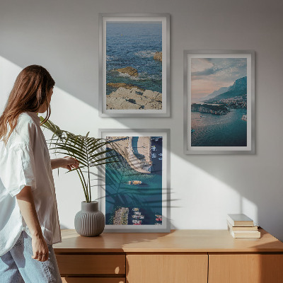Set of 3 framed wall art pieces Sea views, cliffs, ports