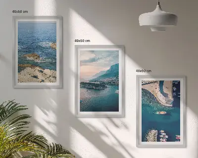 Set of 3 framed wall art pieces featuring sea views, cliffs, and ports