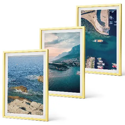 Set of 3 framed wall art pieces featuring sea views, cliffs, and ports