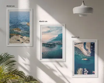 Set of 3 framed wall art pieces featuring sea views, cliffs, and ports