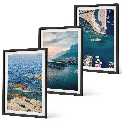 Set of 3 framed wall art pieces featuring sea views, cliffs, and ports