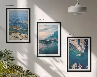 Set of 3 framed wall art pieces featuring sea views, cliffs, and ports