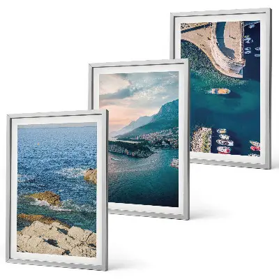 Set of 3 framed wall art pieces featuring sea views, cliffs, and ports