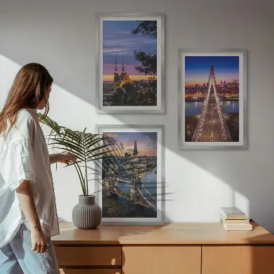 Wall art set featuring views of bridges and sunsets