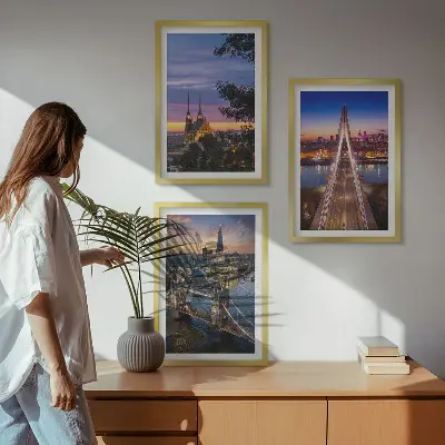 Wall art set featuring views of bridges and sunsets