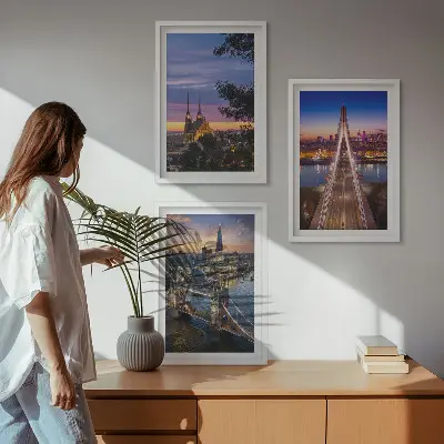 Wall art set featuring views of bridges and sunsets