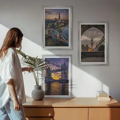 Three-piece wall art piece City bridges clock towers